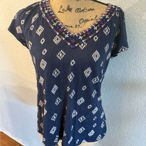 Lucky Brand Blue Graphic Embellished Cap Sleeve Blouse